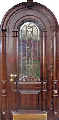 Арочная металлическая дверь массив со стеклом и ковкой ДА-50 в Фрязино