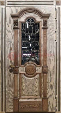 Железная дверь с массивом дуба со стеклом и ковкой ДМД-47 в Фрязино