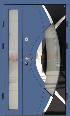Синяя металлическая дверь со стеклом и узором ДС-13 в Фрязино