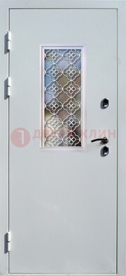 Серая металлическая дверь со стеклом и ковкой ДС-75 в Фрязино