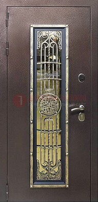 Железная дверь цвета медный антик со стеклом и ковкой ДСК-105 в Фрязино