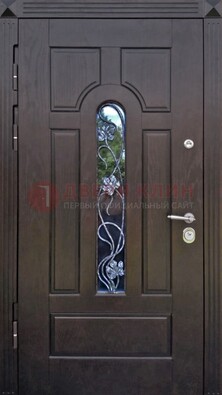 Металлическая дверь со стеклом и ковкой в цвете венге ДСК-142 в Фрязино
