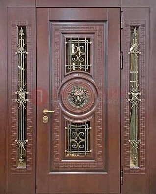 Коричневая стальная дверь со стеклом и ковкой ДСК-147 с фрамугами в Фрязино