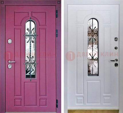 Розовая металлическая дверь со стеклом и ковкой ДСК-151 в Фрязино