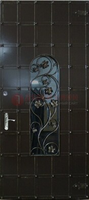 Высокая железная дверь со стеклом и ковкой ДСК-15 в Фрязино