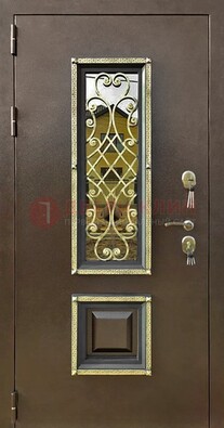 Входная дверь порошок со стеклом и ковкой для коттеджа ДСК-166 в Фрязино