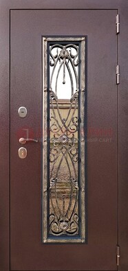 Коричневая стальная дверь порошок со стеклом и ковкой для дома ДСК-169 в Фрязино