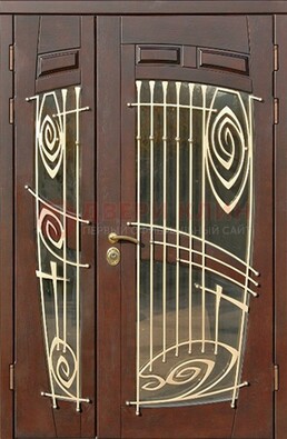 Коричневая железная дверь с большим стеклом и ковкой ДСК-203 в Фрязино