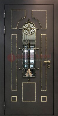 Темная входная дверь Винорит со стеклом и ковкой ДСК-211 в Фрязино