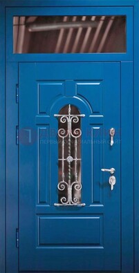 Синяя железная филенчатая дверь со стеклом и ковкой ДСК-97 в Фрязино