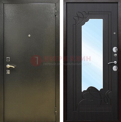 Железная темная дверь c порошковым напылением и МДФ с узором и зеркалом ДЗ-111 в Фрязино