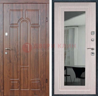 Входная коричневая дверь с МДФ Белый дуб и зеркалом ДЗ-126 в Фрязино
