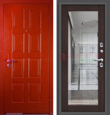 Красная металлическая дверь с МДФ и зеркалом ДЗ-136 в Фрязино