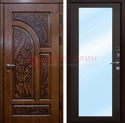 Коричневая входная дверь c узором и виноритом МДФ с зеркалом ДЗ-98 в Фрязино
