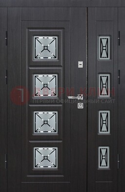 Чёрная двухстворчатая железная дверь с МДФ и витражом ВЖ-35 в Фрязино