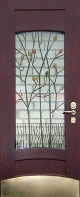 Бордовая стальная дверь с витражом и декоративным элементом ВЖ-3 в Фрязино